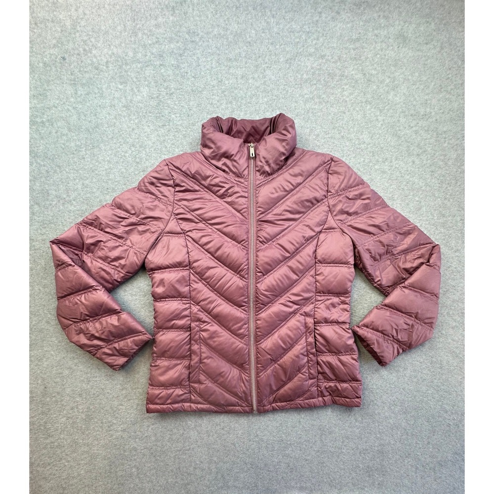 Kenneth Cole Reaction Womens Mauve Chevron Quilted Puffer Jacket Small Full Zip